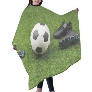 Personality  Stopwatch With Soccer Ball And Boots On Grass Hair Cutting Cape