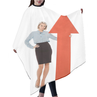 Personality  Young Businesswoman Standing With Big Red Arrow Isolated On White Hair Cutting Cape