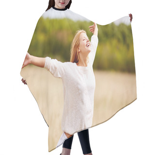 Personality  Happy Woman With Outstretched Arms Hair Cutting Cape
