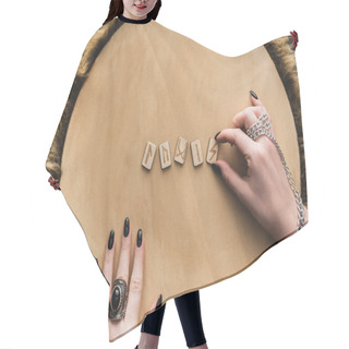 Personality  Top View Of Woman Touching Ancient Runes On Wooden Surface  Hair Cutting Cape