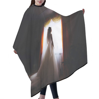 Personality  The Bride In A White Dress With A Bridal Veil Is In The Room And Looks Out The Window Hair Cutting Cape