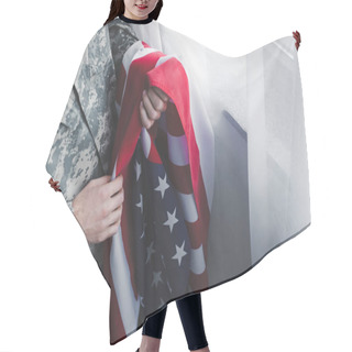 Personality  Cropped View Of Man In Military Uniform Holding Usa National Flag While Standing By Window Hair Cutting Cape