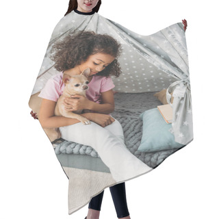 Personality  Little Cute African American Kid With Chihuahua Dog In Teepee At Home Hair Cutting Cape