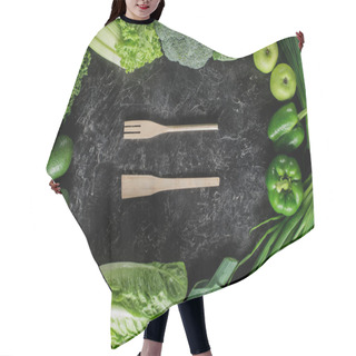 Personality  Top View Of Wooden Spatula And Fork Between Green Vegetables, Healthy Eating Concept Hair Cutting Cape