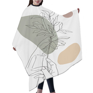 Personality  Sketch Of Female Hands Holding The Plant Stem With Green And Beige Spots Hair Cutting Cape