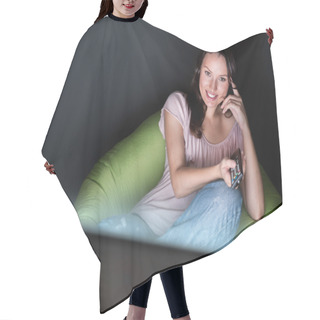 Personality  Young Woman Watching TV Sitting On The Beanbag At Home Hair Cutting Cape