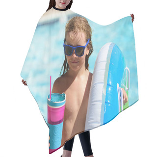 Personality  Kids Summer Vacation. Summertime Weekend. Boy In Swiming Pool. Child At Aquapark. Funny Boy On Inflatable Rubber Circle. Hair Cutting Cape