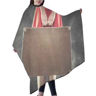 Personality  Old Suitcase In Hands. Hair Cutting Cape