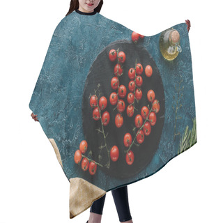 Personality  Dark Slate Board With Cherry Tomatoes And Oil Bottle On Blue Table Hair Cutting Cape