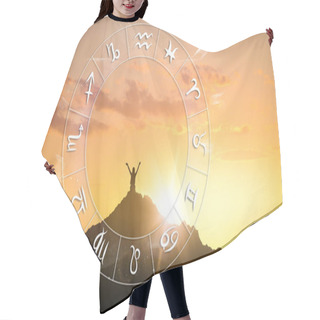 Personality  Zodiac Wheel And Photo Of Woman In Mountains Under Sunset Sky, Space For Text. Banner Design Hair Cutting Cape