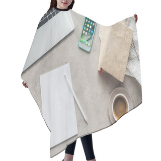 Personality  Top View Of Coffee With Laptop And Smartphone With Ios Homescreen App On Screen On Concrete Surface With Blank Paper Hair Cutting Cape
