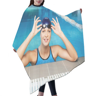 Personality  Young Woman Wearing Blue Swimming Suit And Hat In Swimming Pool Hair Cutting Cape