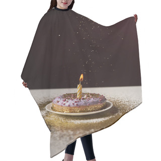 Personality  Burning Candle In Middle Of Tasty Donut With Falling Sparkles Isolated On Black Hair Cutting Cape