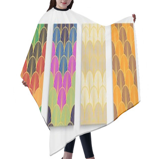Personality  Japanese Gold Fan Music Cover Set. Halftone Stripes Layout. Traditional Kimono Frame. Funky Dynamic Noble Textile Backgroud. Bright Color Retro A4 Print. Asian Ancient Poster Set. Hair Cutting Cape