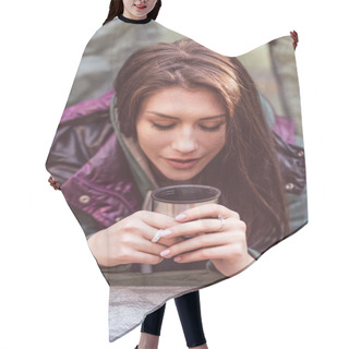 Personality  Woman In Tent Holding Metallic Cup Hair Cutting Cape