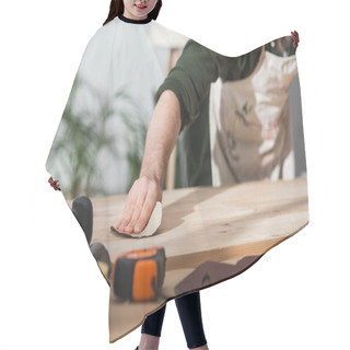 Personality  Cropped View Of Blurred Craftsman Sanding Wooden Plank Near Ruler And Masking Tape Hair Cutting Cape