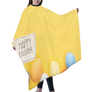 Personality  Top View Of Painted Eggs And Greeting Card With Happy Easter Lettering On Yellow Colorful Background Hair Cutting Cape