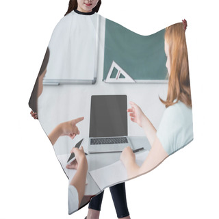 Personality  Blurred Schoolgirls Pointing At Laptop During Lesson In School  Hair Cutting Cape