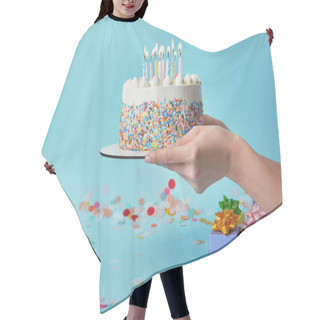 Personality  Cropped View Of Woman Holding Birthday Cake With Candles On Blue Background With Confetti And Gifts Hair Cutting Cape