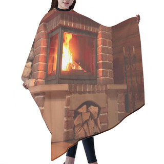 Personality  Fireplace With Burning Wood In Room. Winter Vacation Hair Cutting Cape