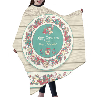 Personality  Circle Frame And Border From Christmas  Elements On Beige Wood Background Hair Cutting Cape