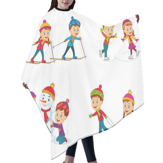 Personality  Kids,boys And Girls Play Outdoor Collection, Go Skiing, Make A Snowman, Skate On The White Background Hair Cutting Cape