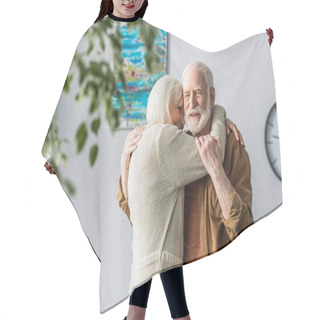 Personality  Selective Focus Of Happy Senior Man Hugging Smiling Wife Hair Cutting Cape