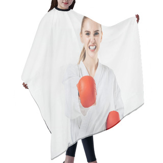 Personality  Female Karate Fighter Exercising With Gloves And Mouthguard Isolated On White Hair Cutting Cape