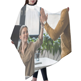 Personality  Business Partners Giving High Five At Office Hair Cutting Cape