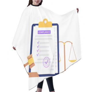 Personality  Compliance Document Concept. Information Required To Verify The Implementation. Specific List Of Rules. Sheet Of Paper With Checklist, Justice Scale And Gavel. Corporate Policy Vector Illustration. Hair Cutting Cape