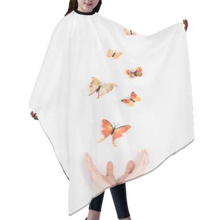 Personality  Cropped View Of Female Hands Near Orange Butterflies Flying On White Background, Environmental Saving Concept  Hair Cutting Cape