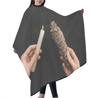 Personality  Cropped View Of Shaman Holding Burning Candle And Smudge Stick Isolated On Black  Hair Cutting Cape
