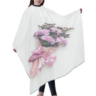 Personality  Top View Of Beautiful Tender Elegant Flower Bouquet With Pink Ribbon Isolated On Grey Hair Cutting Cape