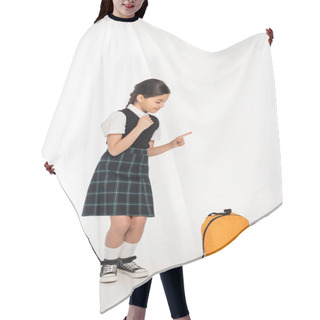 Personality  Happy Girl In School Uniform Standing And Looking At Backpack On White Background, Pointing Away Hair Cutting Cape