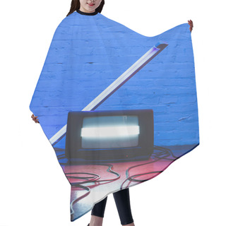 Personality  Toned Picture Of Arranged Retro Tv Set, Cables And Lamp With Brick Wall Background Hair Cutting Cape