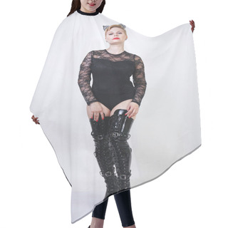 Personality  Pretty Plus Size Young Female With Short Blonde Hair Posing On White Studio Background. Hot Chubby Fashion Girl In Black Lace Bodysuit And Patent Leather Thigh High Boots Standing As Cat Woman Alone. Hair Cutting Cape