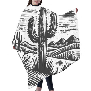 Personality  Saguaro Cactus In Desert, Linocut Print, Black And White. Hair Cutting Cape