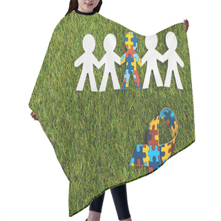 Personality  Top View Of Special Kid With Autism Among Another And Awareness Ribbon On Green Background Hair Cutting Cape