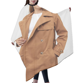 Personality  Female Trench Coat Camel Color Isolated On White Background. Hair Cutting Cape
