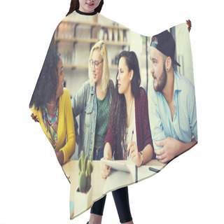 Personality  Diverse College Students Brainstorming In Classroom Hair Cutting Cape