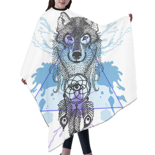 Personality  Dotwork Tatoo Stylized Wolf Face With Dreamcatcher  In Triangle  Hair Cutting Cape