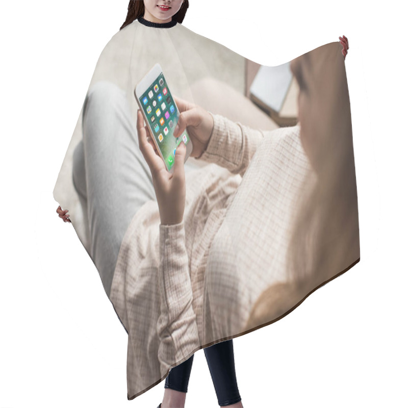 Personality  Cropped Shot Of Woman On Couch Using Smartphone With Ios Apps On Screen Hair Cutting Cape