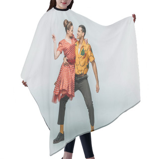 Personality  Young Dancer Holding Partner While Dancing Boogie-woogie On Grey Background Hair Cutting Cape