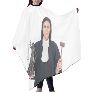 Personality  Judge In Judicial Robe Holding Gavel And Themis Figurine Isolated On White Hair Cutting Cape