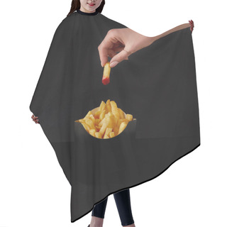 Personality  Cropped Shot Of Woman Folding French Fry Poured Into Ketchup Over Box Of Fries Isolated On Black Hair Cutting Cape