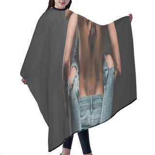 Personality  Panoramic Shot Of Muscular Man Holding In Arms Girl In Jeans On Black  Hair Cutting Cape