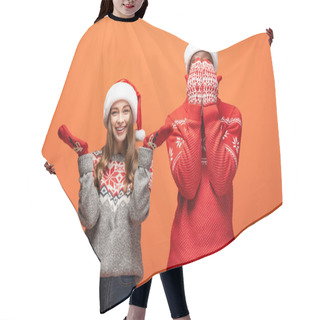 Personality  African American Man Covering Face With Hands Near Happy Girl In Christmas Sweater On Orange Background Hair Cutting Cape
