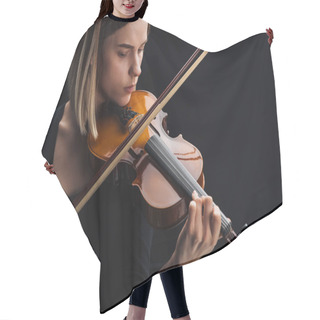 Personality  Young Concentrated Woman Playing Cello With Bow Isolated On Black Hair Cutting Cape