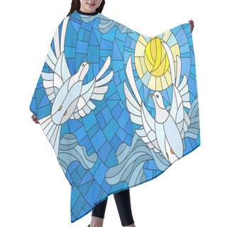 Personality  Illustration In Stained Glass Style With A Pair Of White Doves On The Background Of The Daytime Sky And Clouds Hair Cutting Cape
