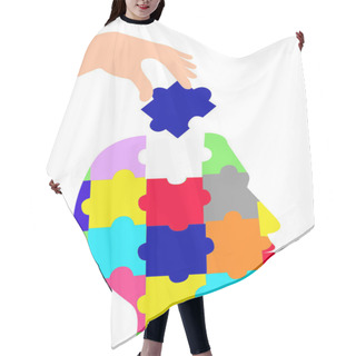Personality  Illustration Of Person Holding Jigsaw Near Human Shape Head Hair Cutting Cape